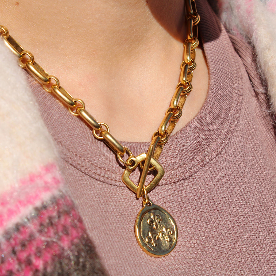 Vivian Grace Jewelry Necklace Antiqued Gold Bee & Fleur de Lis Chunky Chain