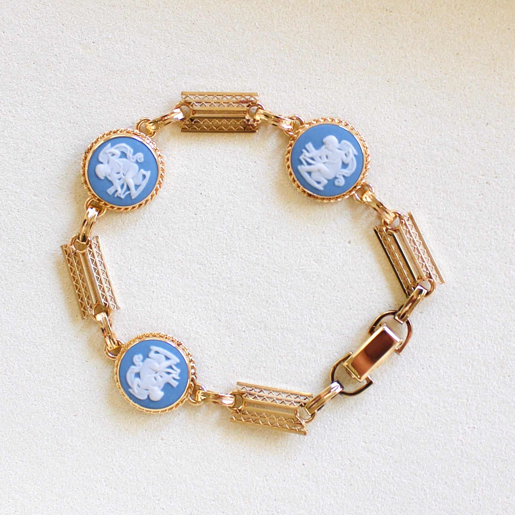 Vintage 14k Gold Filled Blue Wedgwood Panel Bracelet- Blue