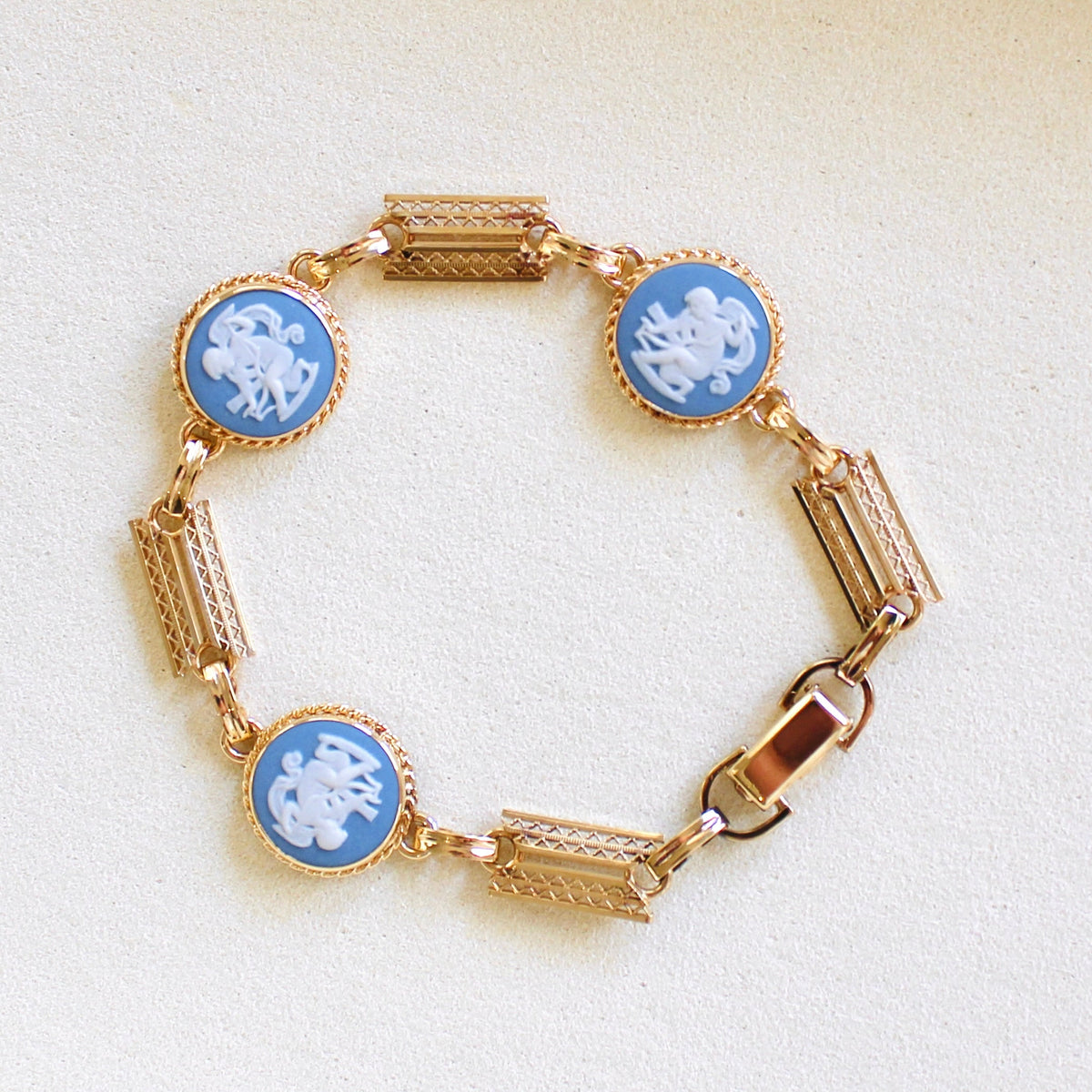 Blue Stone Chain Bracelet with Vintage Copper 14k GF Watch Vintage Italian Natural Blue Sapphire Cabochon 14k Gold Curb  main image 4