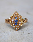 Vivian Grace Vintage Ring Antique 18k Gold Sapphire Pearl Navette Ring- (dated 1903)