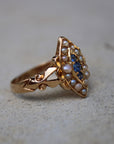 Vivian Grace Vintage Ring Antique 18k Gold Sapphire Pearl Navette Ring- (dated 1903)