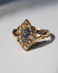 Vivian Grace Vintage Ring Antique 18k Gold Sapphire Pearl Navette Ring- (dated 1903)