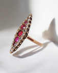 Vivian Grace Vintage Ring Victorian 14k Gold Ruby and Diamond Navette Ring- (mid 1800s)
