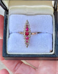 Vivian Grace Vintage Ring Victorian 14k Gold Ruby and Diamond Navette Ring- (mid 1800s)