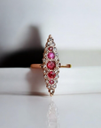 Vivian Grace Vintage Ring Victorian 14k Gold Ruby and Diamond Navette Ring- (mid 1800s)