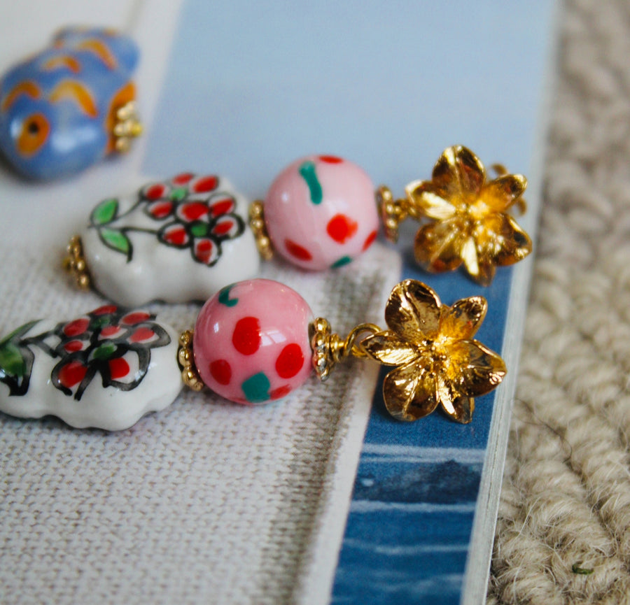 Pink and Red Floral Painted Porcelain Earrings