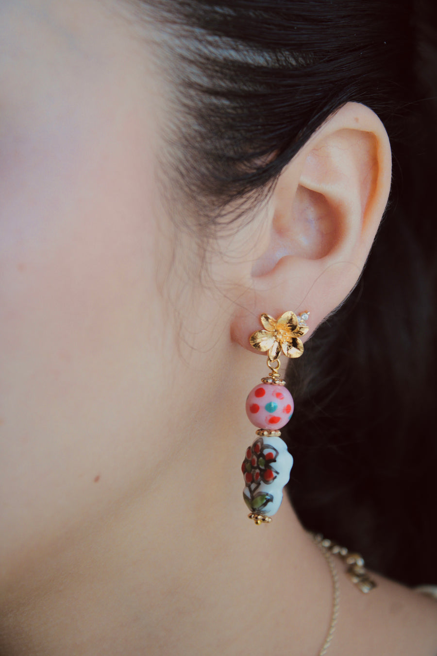 Pink and Red Floral Painted Porcelain Earrings