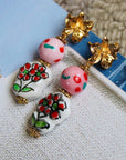 Pink and Red Floral Painted Porcelain Earrings