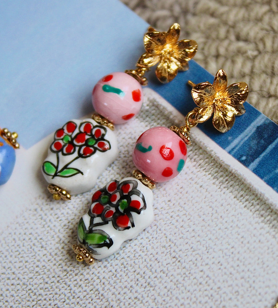 Pink and Red Floral Painted Porcelain Earrings