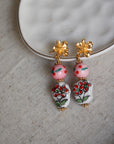 Pink and Red Floral Painted Porcelain Earrings