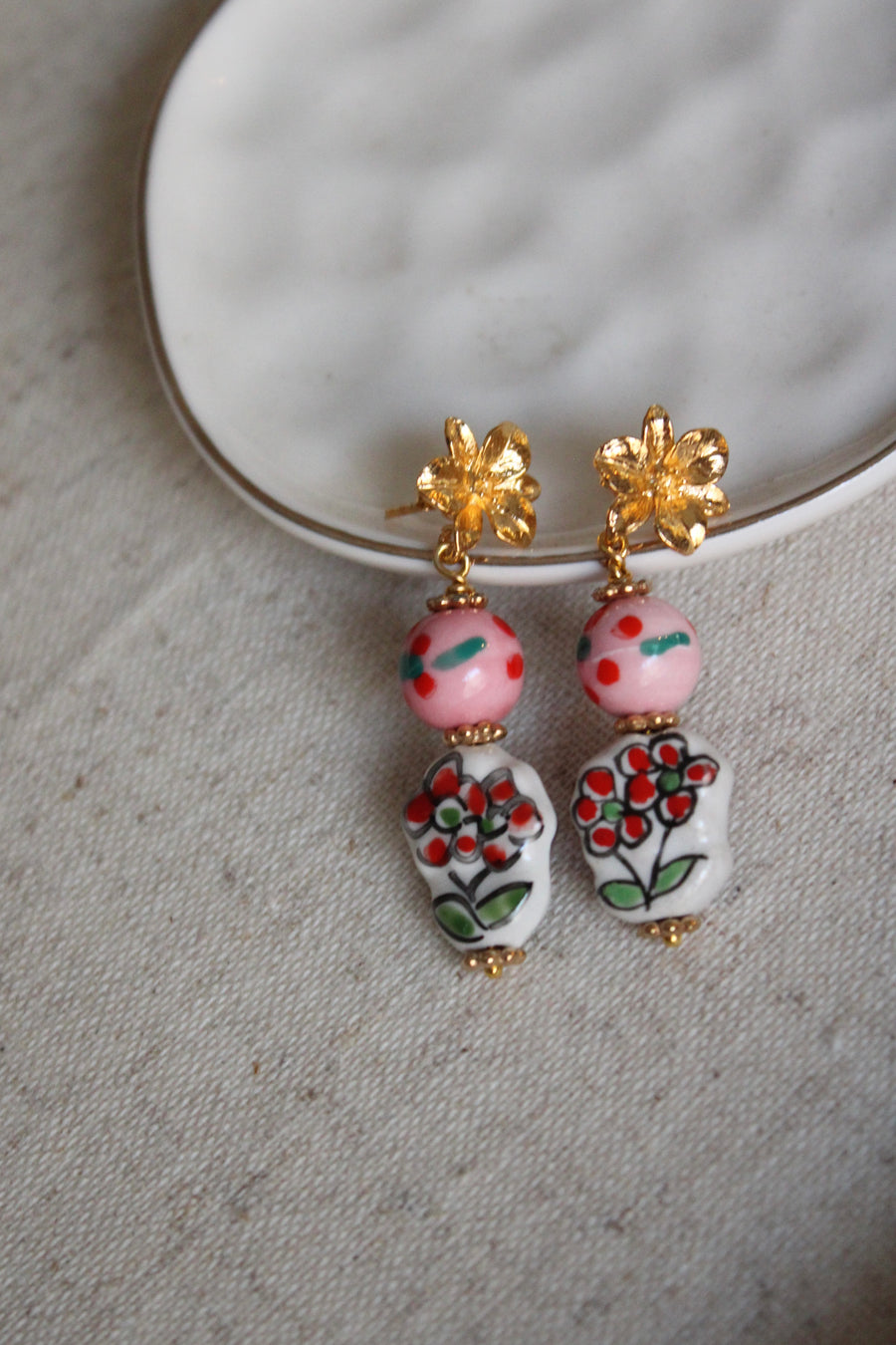 Pink and Red Floral Painted Porcelain Earrings