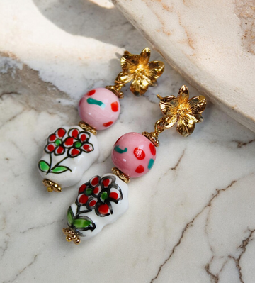 Pink and Red Floral Painted Porcelain Earrings