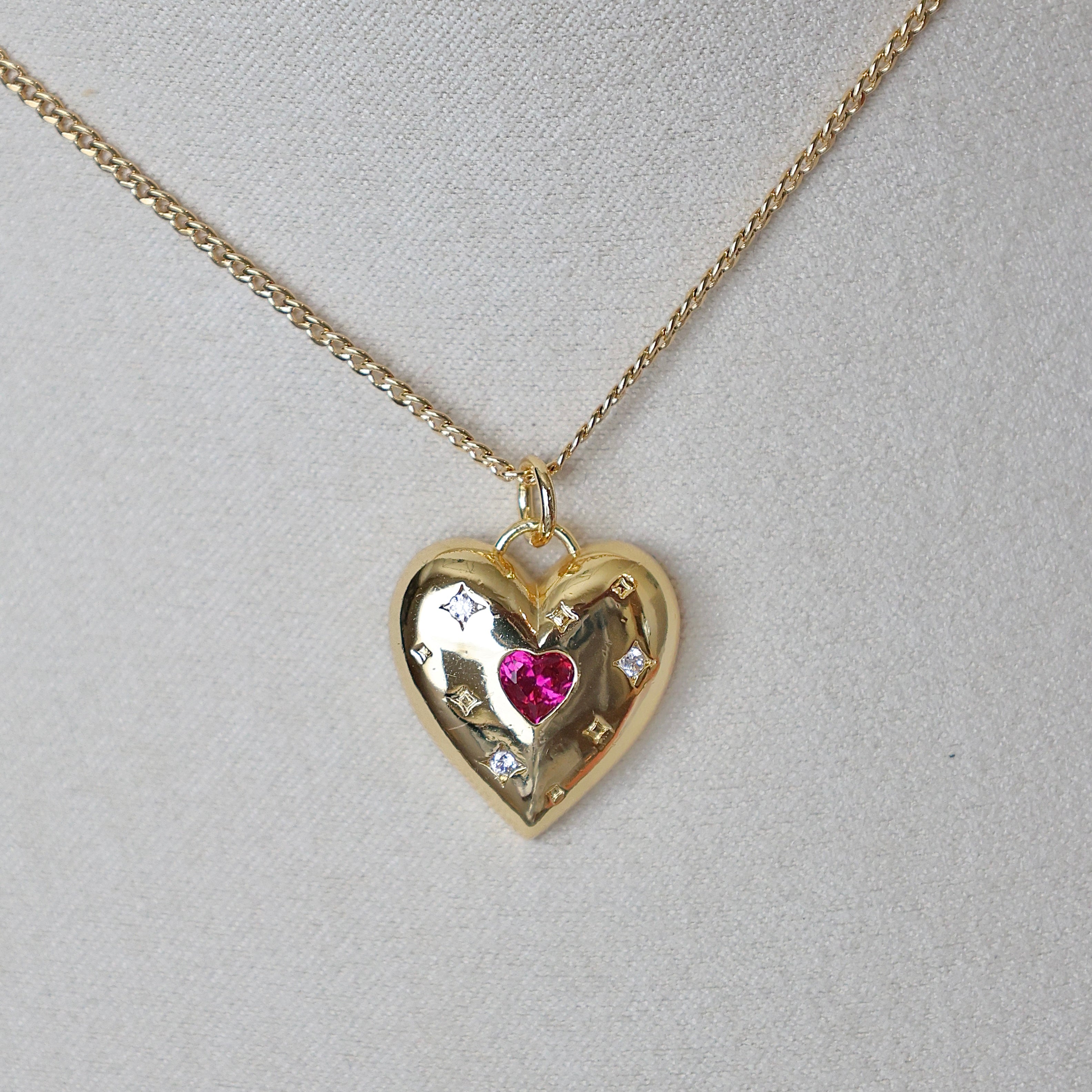Pink Crystal Puffy Heart Pendant Necklace