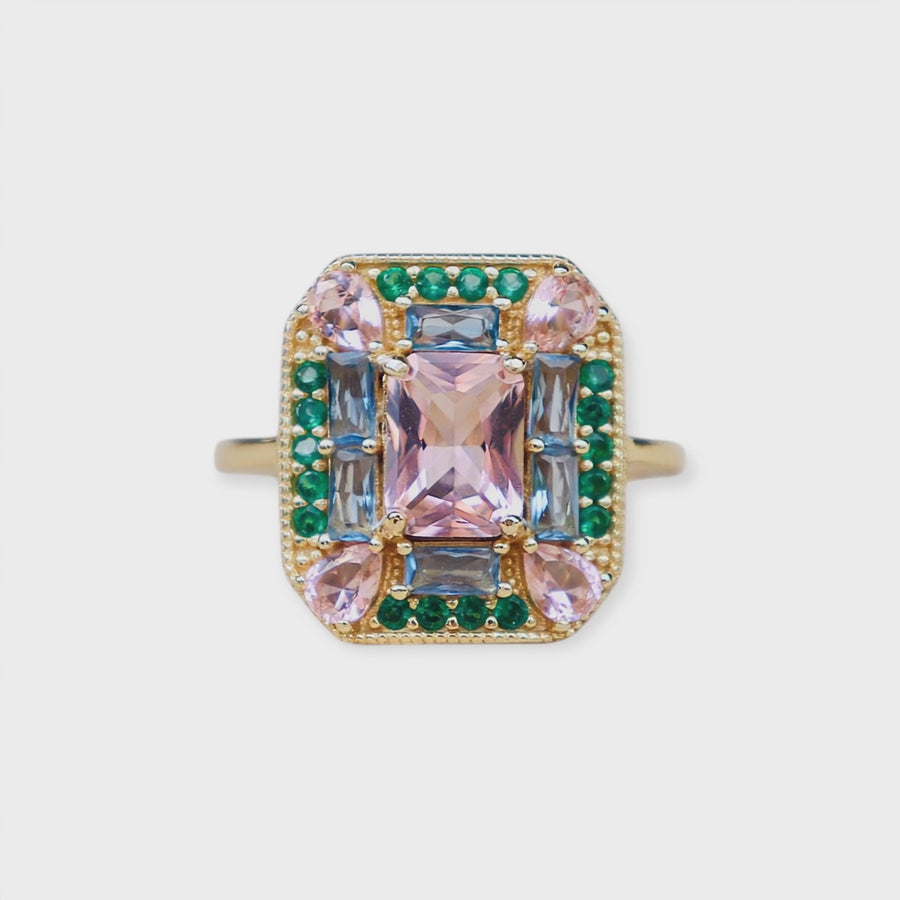 Emerald Morganite Art Deco Cocktail Ring -Lab Created Gemstones