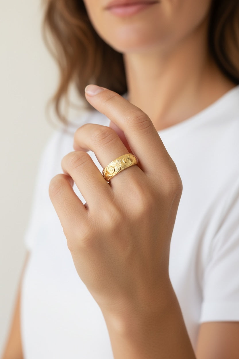 Vivian Grace Floral Carved 14k Gold Filled Cigar Band- 6.4mm