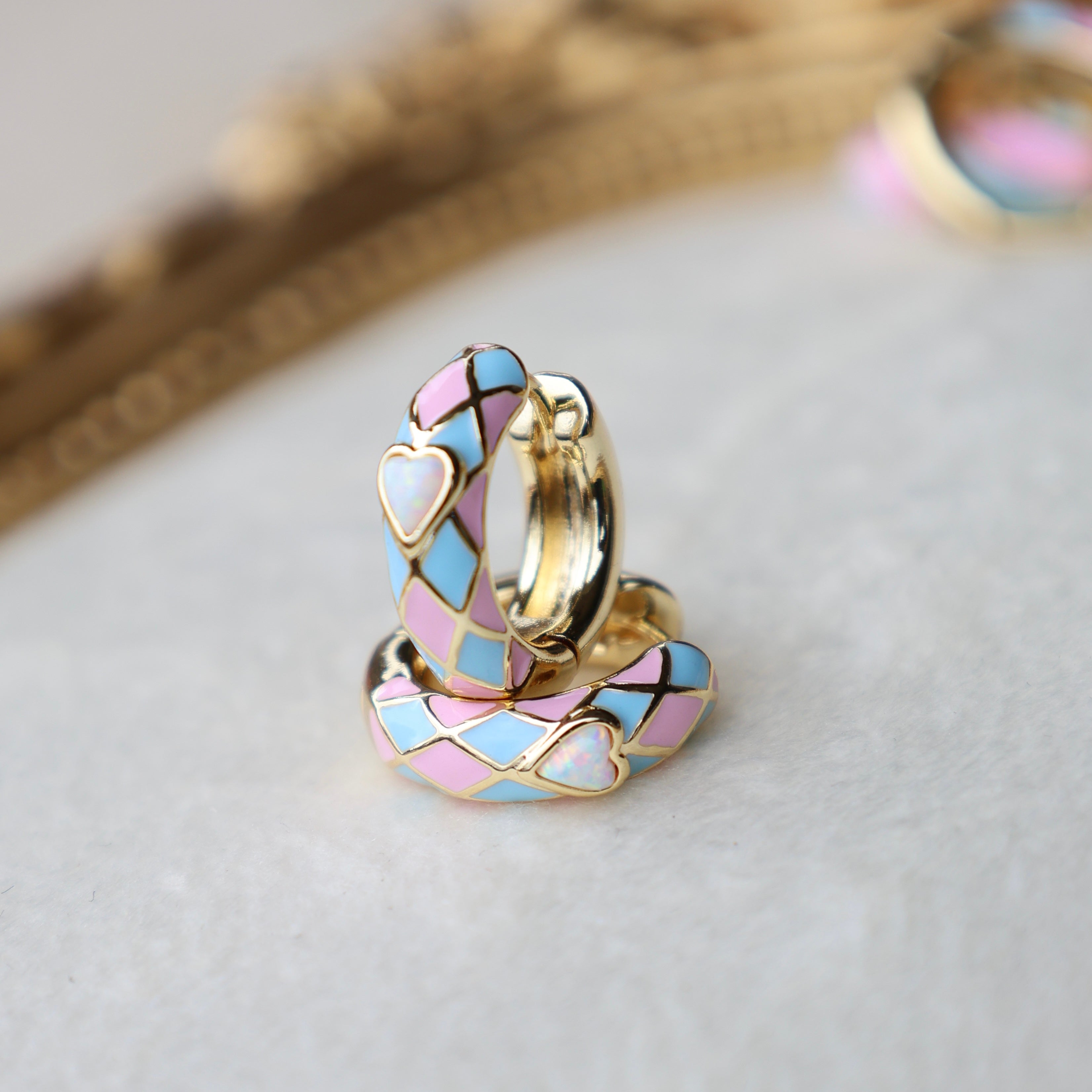 Vivian Grace Jewelry Earrings Baby Pink & Blue Enamel Opal Heart Hoop Earrings