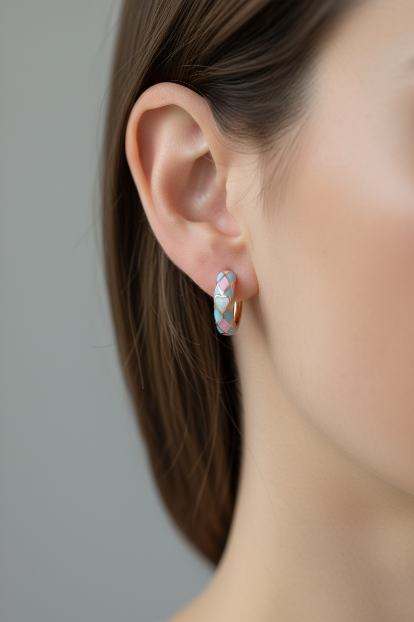 Vivian Grace Jewelry Earrings Baby Pink & Blue Enamel Opal Heart Hoop Earrings