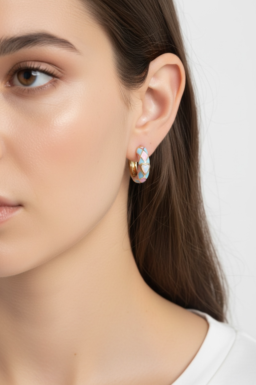 Vivian Grace Jewelry Earrings Baby Pink & Blue Enamel Opal Heart Hoop Earrings