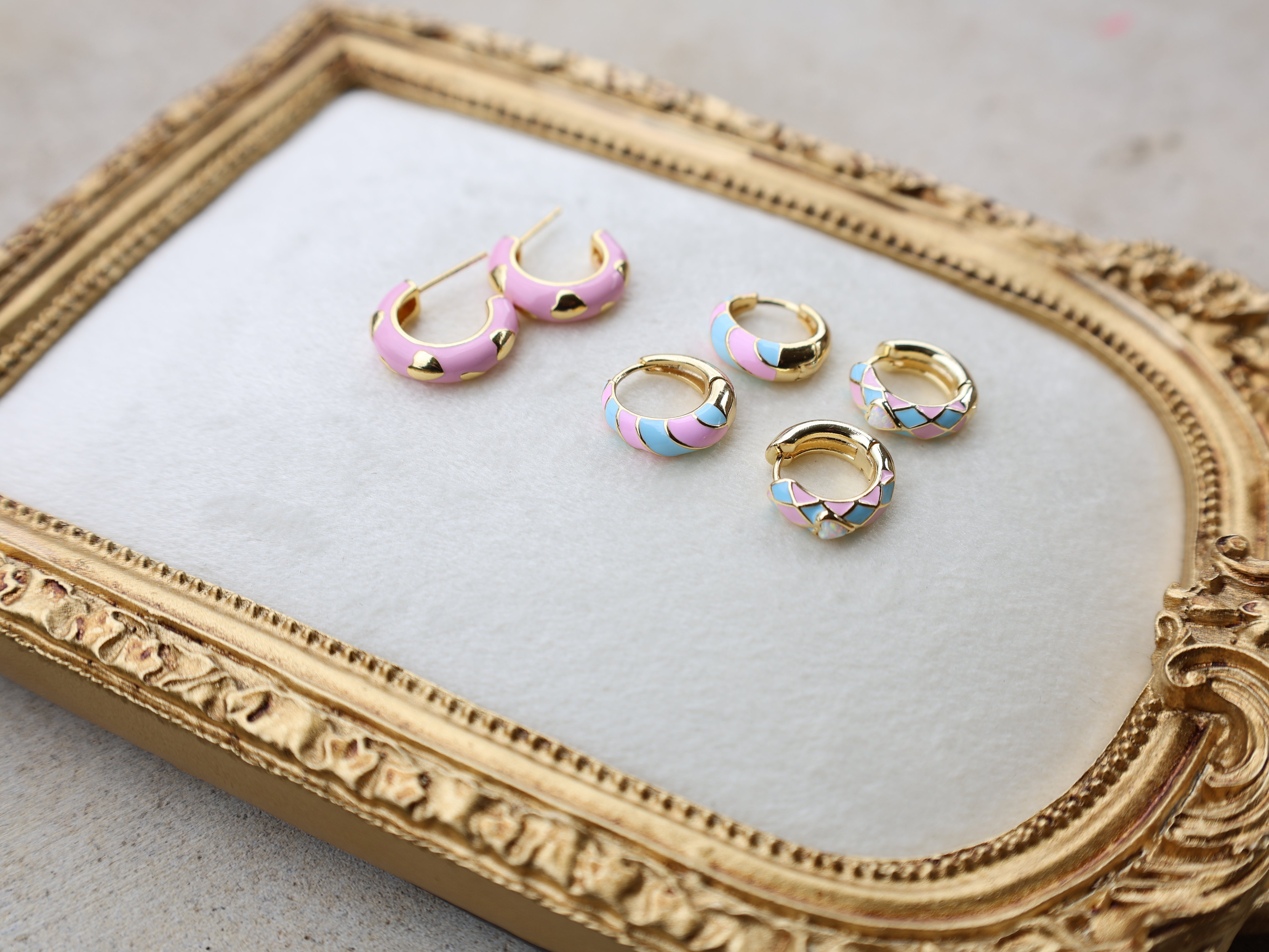 Vivian Grace Jewelry Earrings Baby Pink & Blue Enamel Opal Heart Hoop Earrings