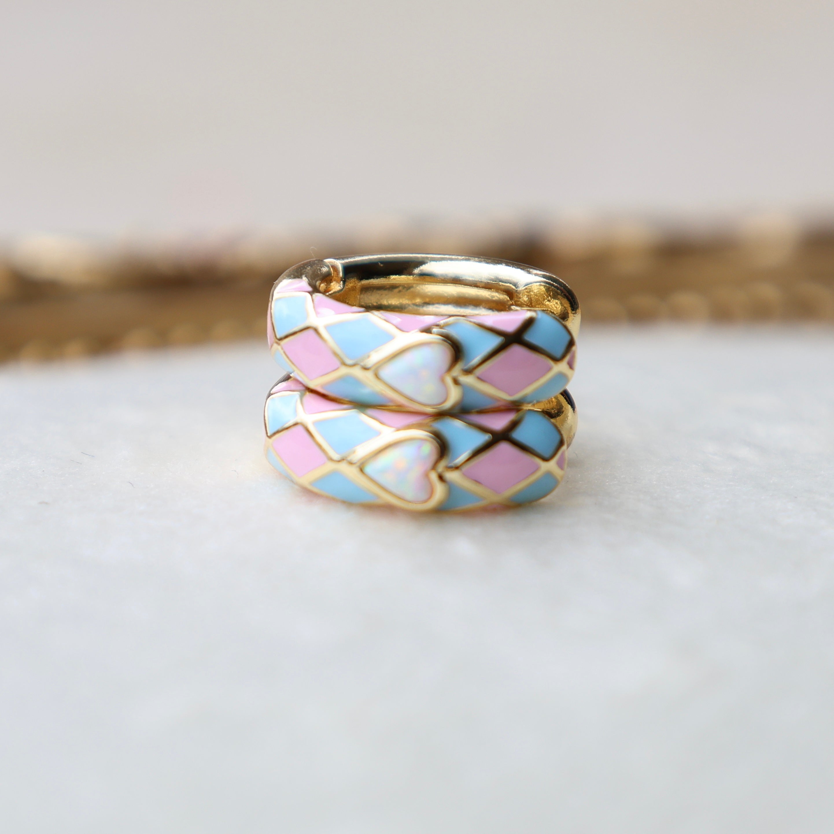 Vivian Grace Jewelry Earrings Baby Pink & Blue Enamel Opal Heart Hoop Earrings