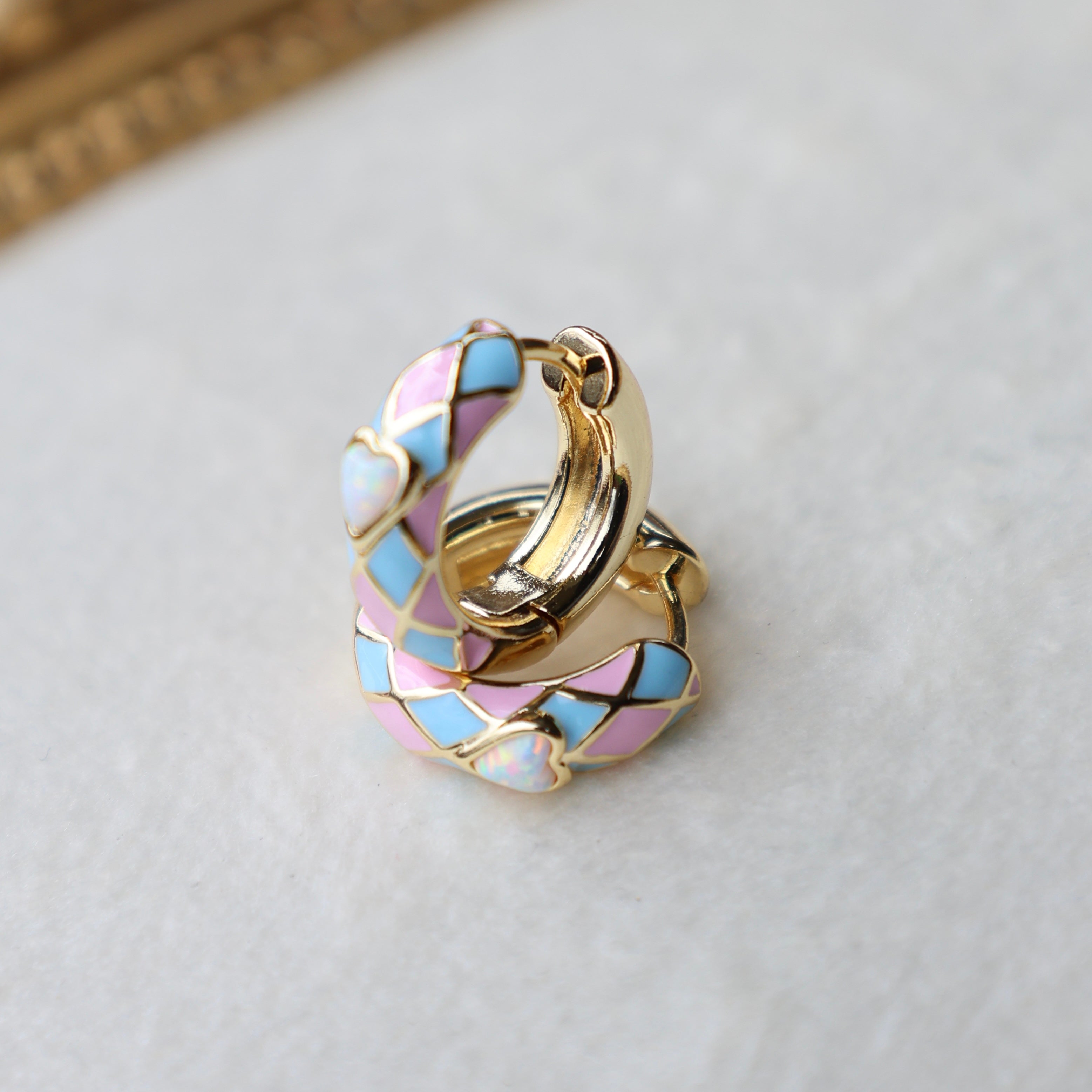 Vivian Grace Jewelry Earrings Baby Pink & Blue Enamel Opal Heart Hoop Earrings