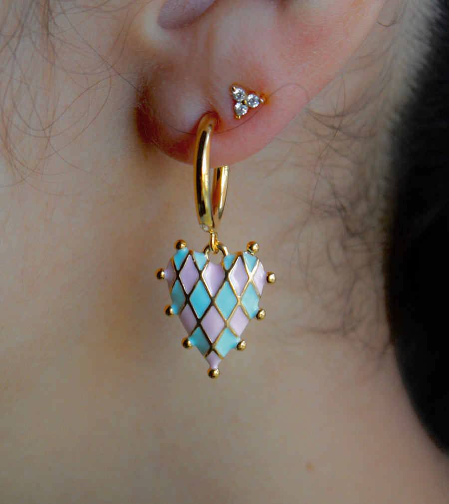 Vivian Grace Jewelry Earrings Gold Pink and Blue Checkerboard Heart Earrings - Gold Vermeil