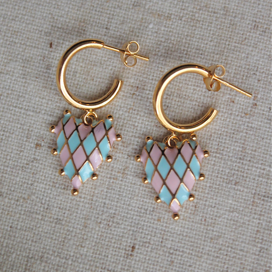 Vivian Grace Jewelry Earrings Gold Pink and Blue Checkerboard Heart Earrings - Gold Vermeil