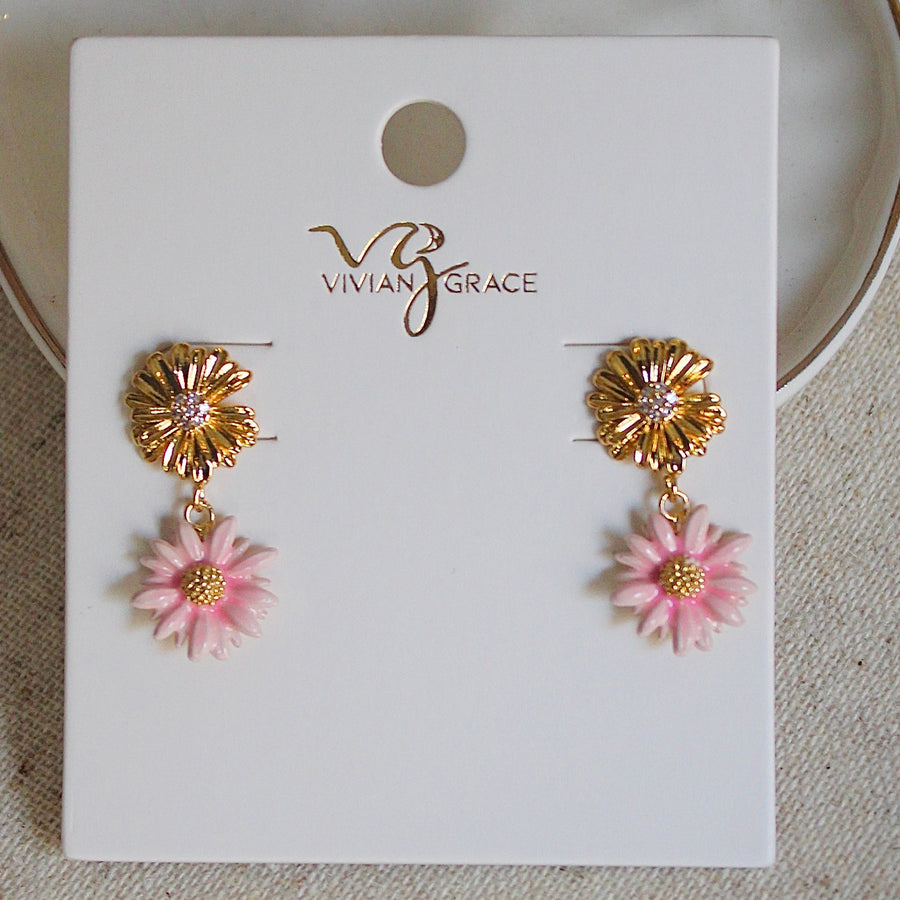 Vivian Grace Jewelry Earrings Gold Pink Daisy Drop Stud Earrings