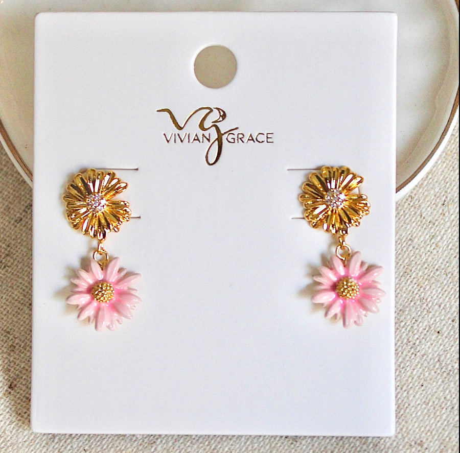 Vivian Grace Jewelry Earrings Gold Pink Daisy Drop Stud Earrings