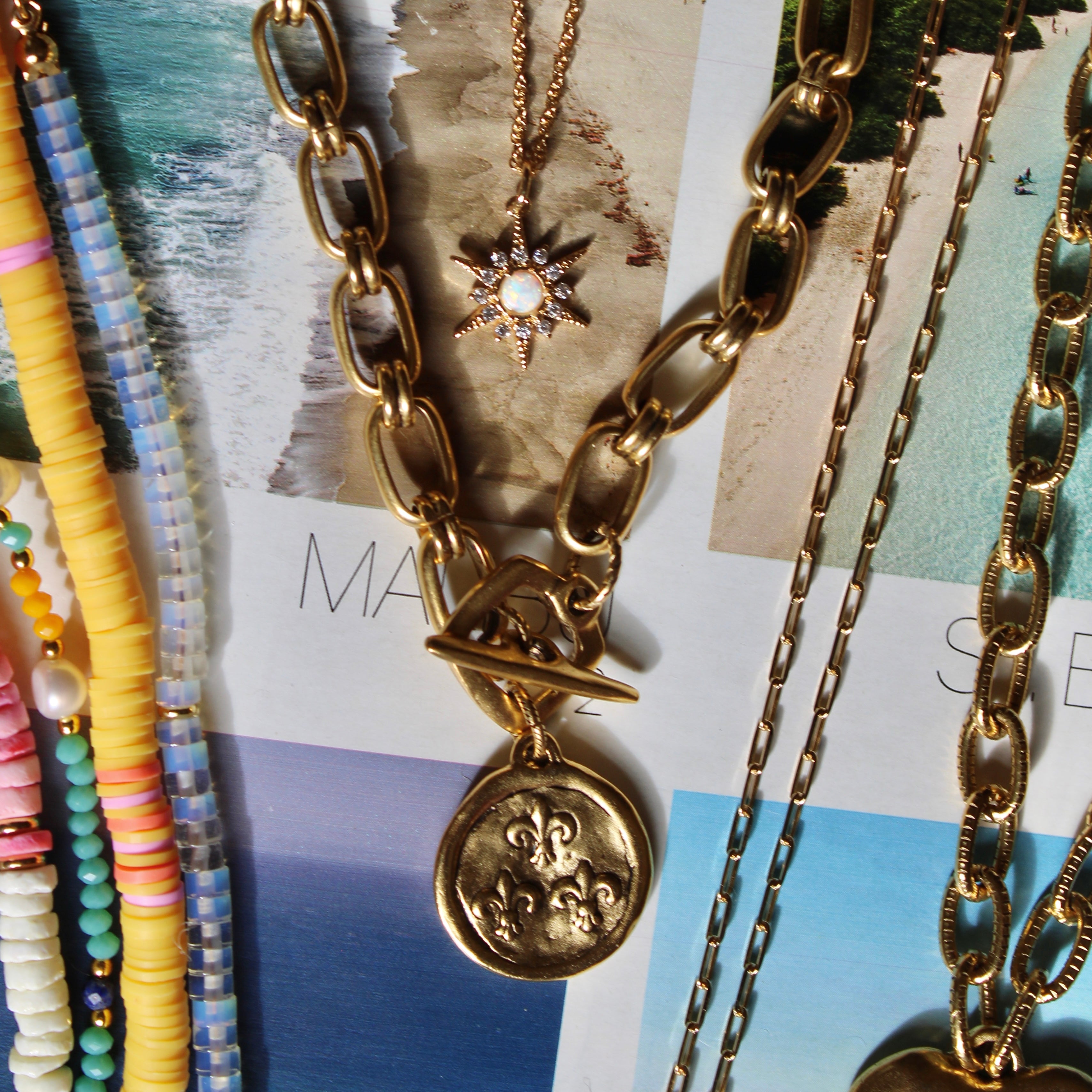 Vivian Grace Jewelry Necklace Antiqued Gold Bee & Fleur de Lis Chunky Chain