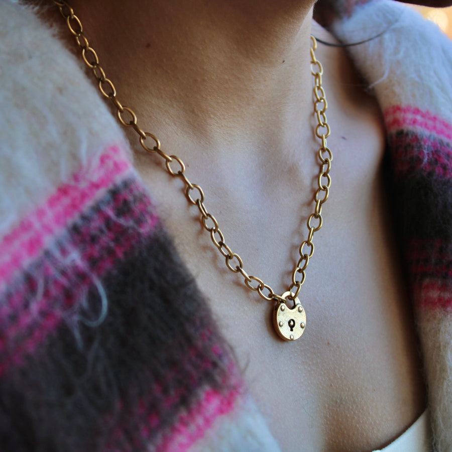 Vivian Grace Jewelry Necklace Antiqued Gold Padlock Chain