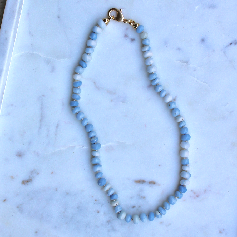 Vivian Grace Jewelry Necklace Blue Hand Knotted Peruvian Opal Necklace- Light Denim and White