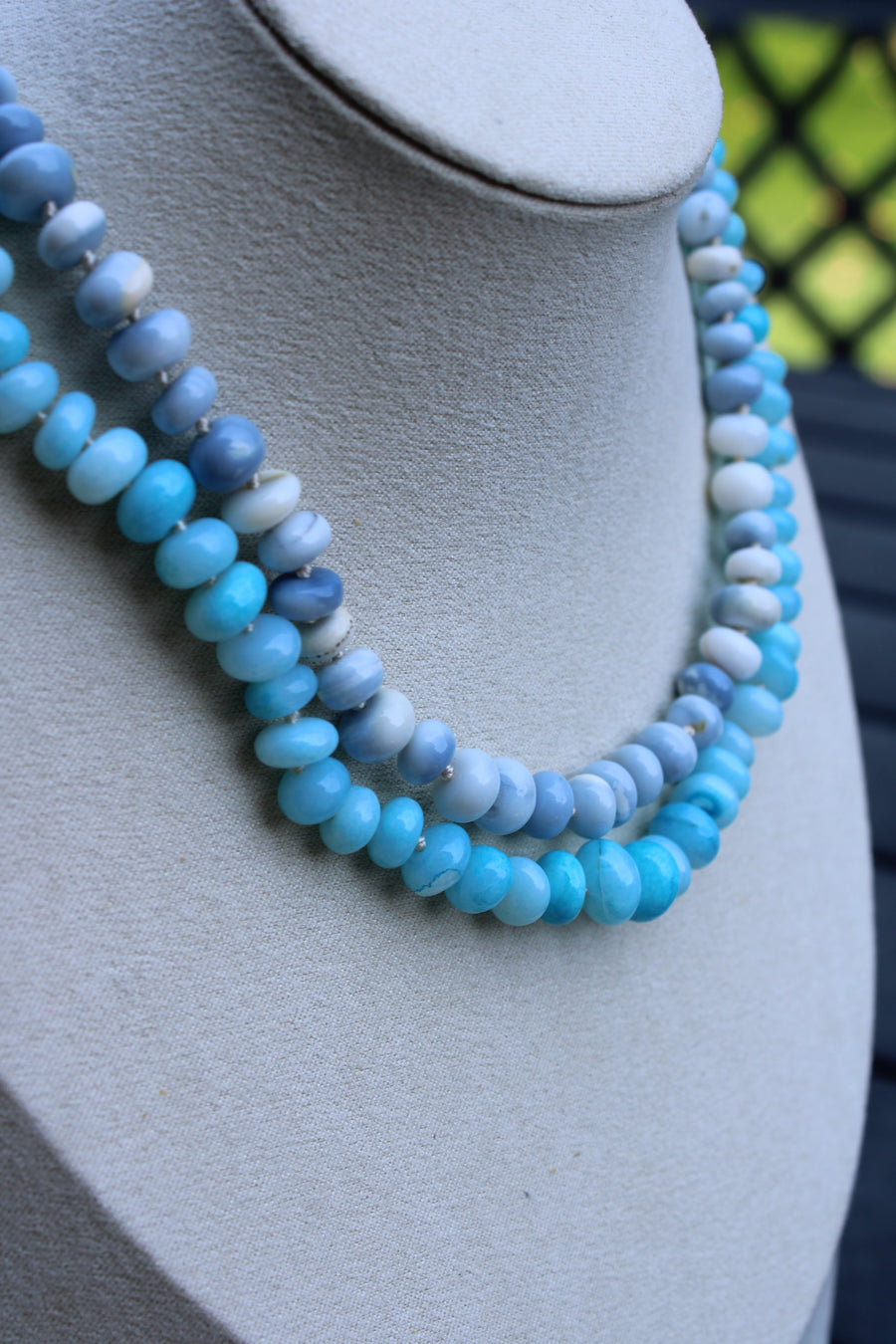 Vivian Grace Jewelry Necklace Blue Hand Knotted Peruvian Opal Necklace- Light Denim and White