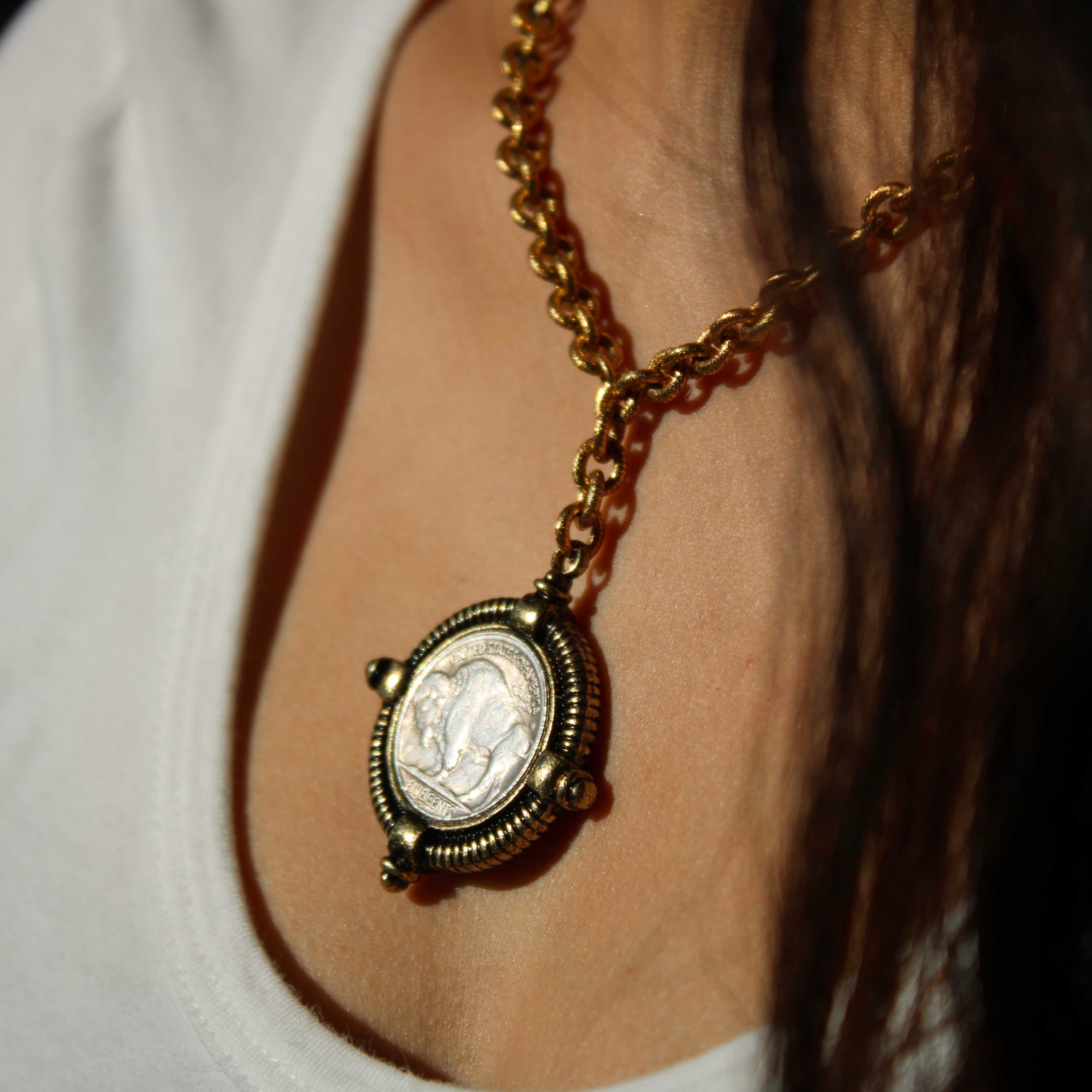 Vivian Grace Jewelry Necklace Gold Antiqued Gold Buffalo Coin Necklace