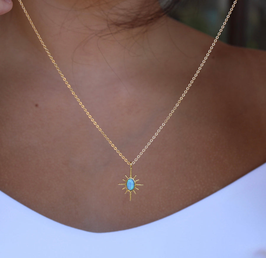 Vivian Grace Jewelry Necklace Gold OOAK Dainty Blue Opal Pendant
