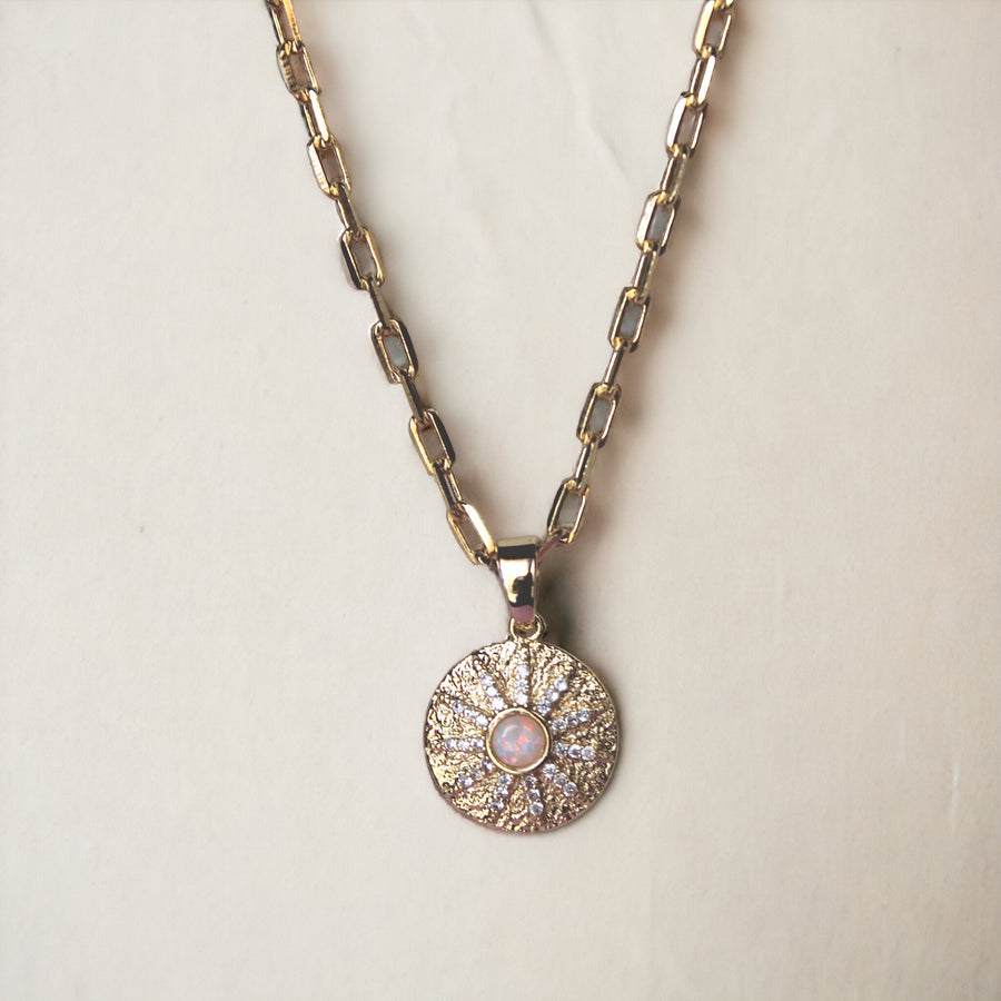Vivian Grace Jewelry Necklace Gold OOAK Opal Sunburst Coin Pendant