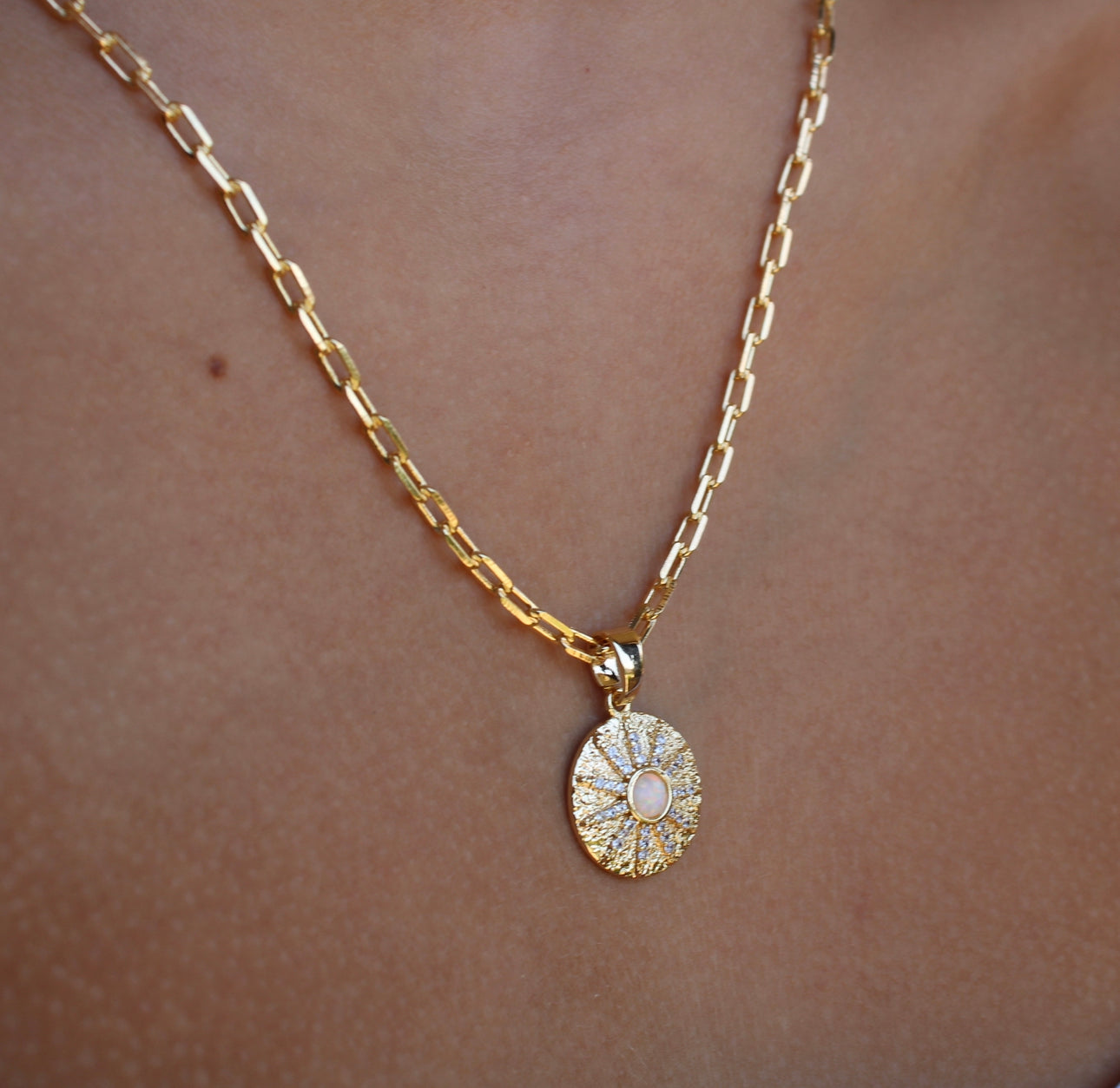 Vivian Grace Jewelry Necklace Gold OOAK Opal Sunburst Coin Pendant