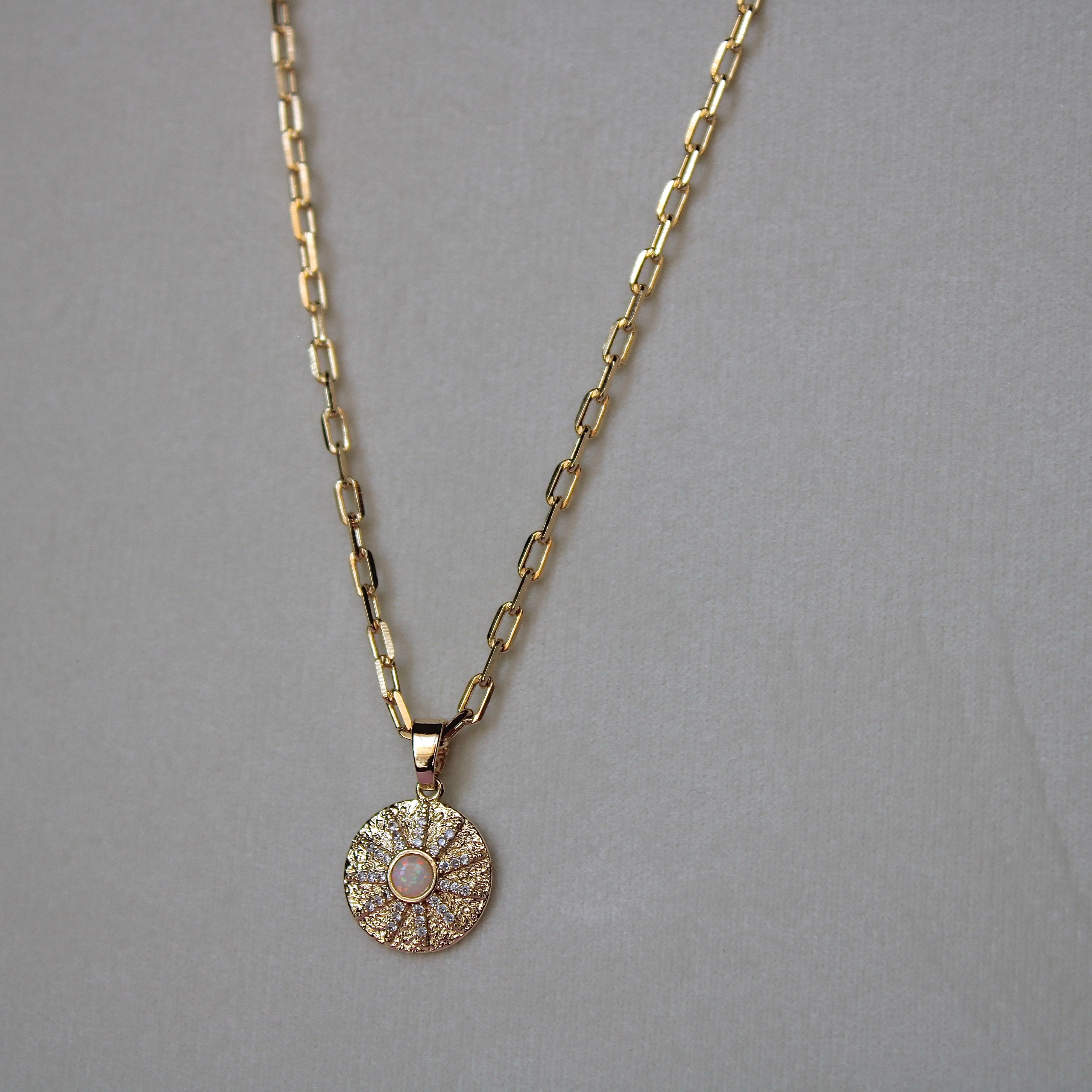 Vivian Grace Jewelry Necklace Gold OOAK Opal Sunburst Coin Pendant