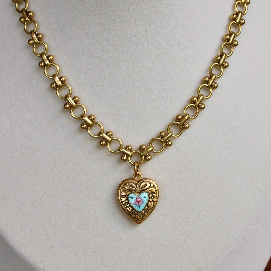 Vivian Grace Jewelry Necklace Gold Vintage Blue Guilloche Heart Necklace