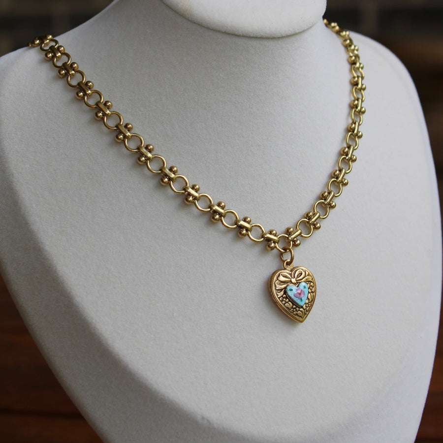 Vivian Grace Jewelry Necklace Gold Vintage Blue Guilloche Heart Necklace