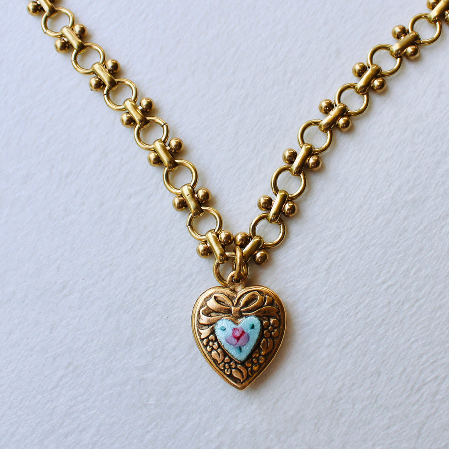 Vivian Grace Jewelry Necklace Gold Vintage Blue Guilloche Heart Necklace