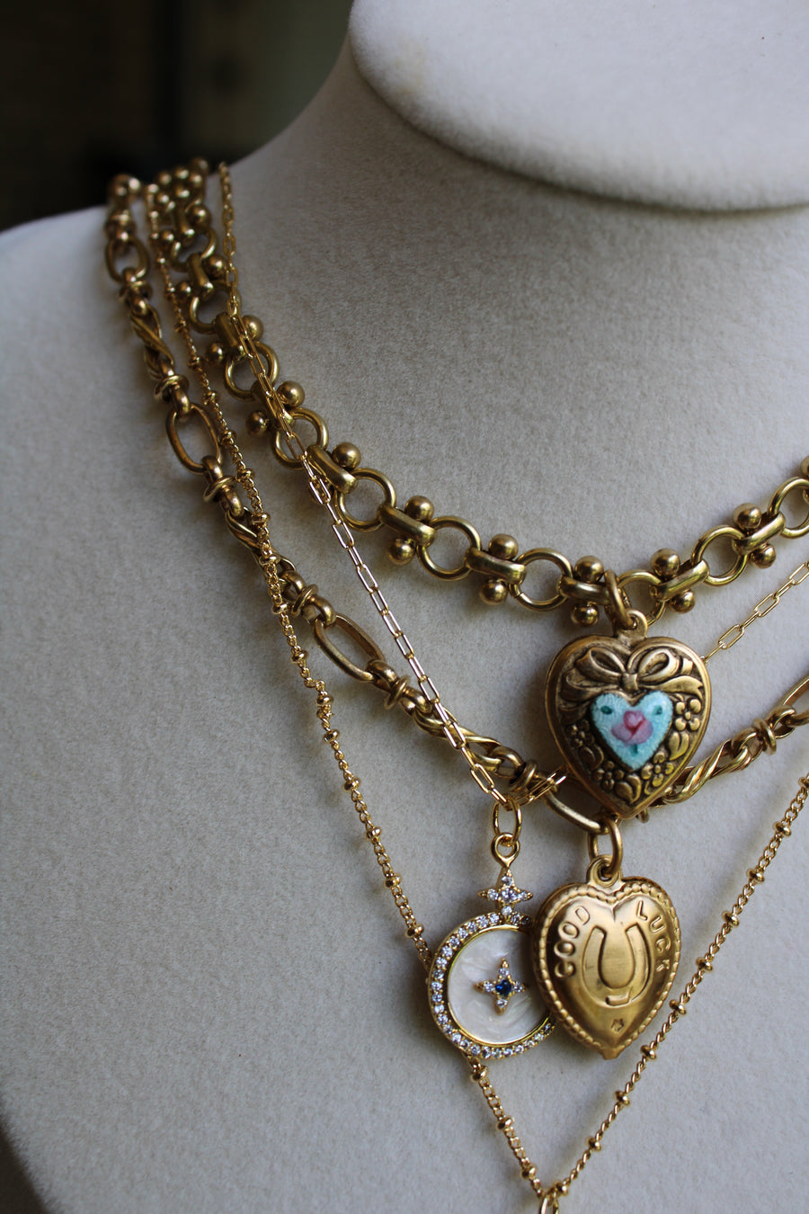 Vivian Grace Jewelry Necklace Gold Vintage Blue Guilloche Heart Necklace