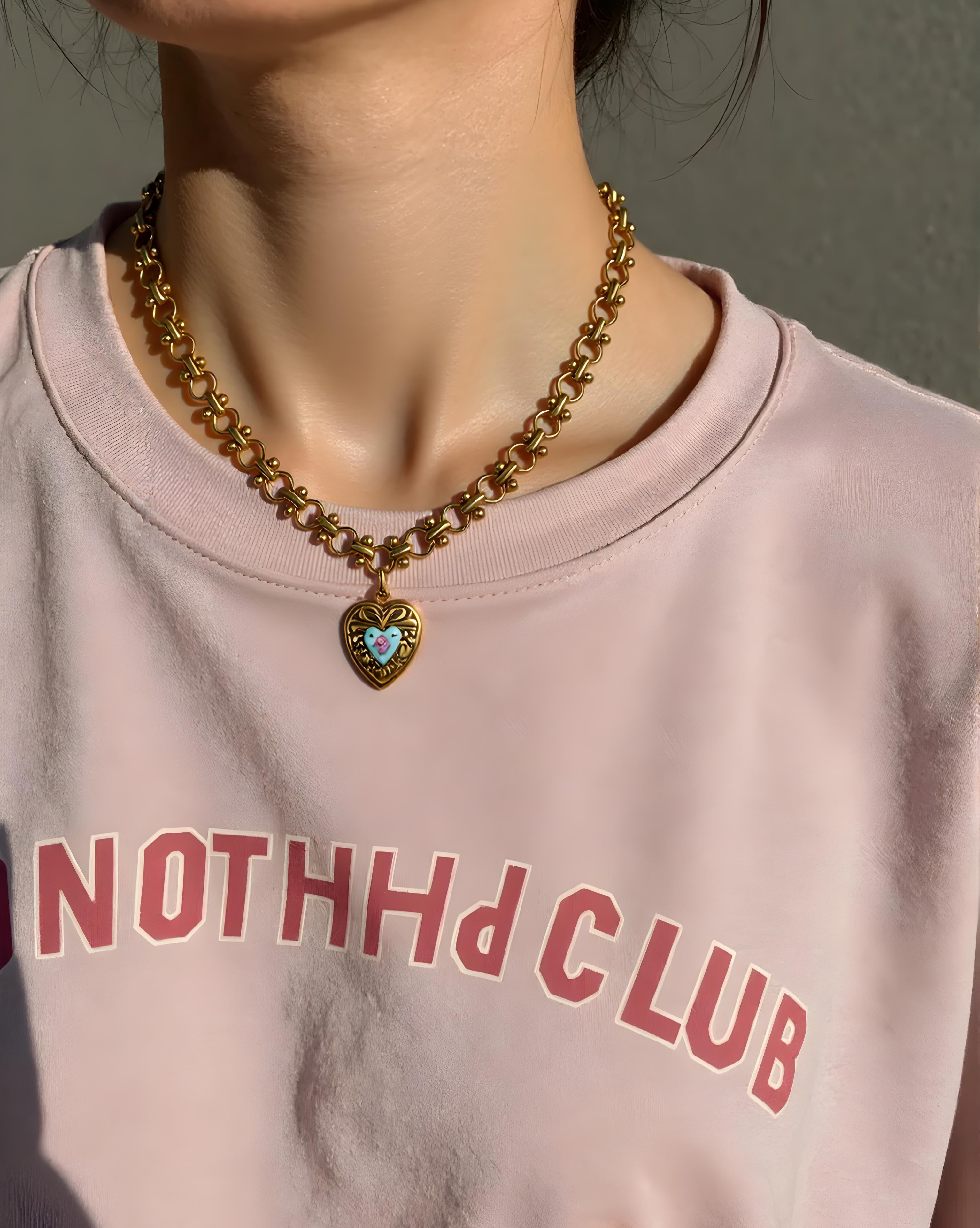 Vivian Grace Jewelry Necklace Gold Vintage Blue Guilloche Heart Necklace