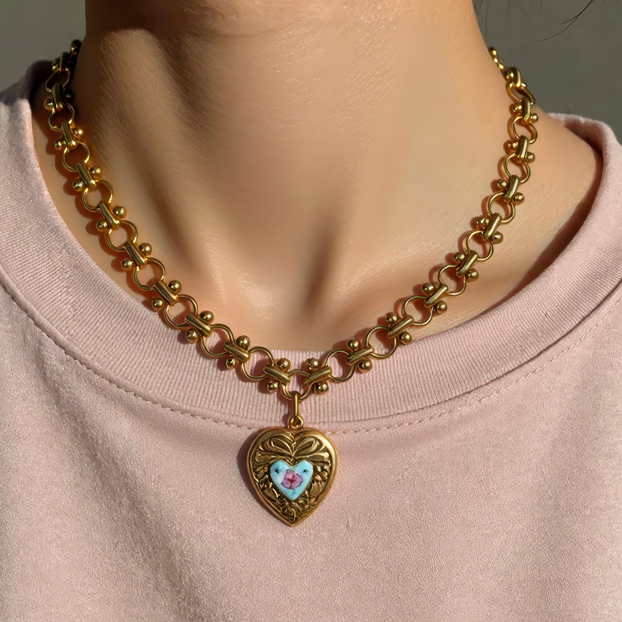 Vivian Grace Jewelry Necklace Gold Vintage Blue Guilloche Heart Necklace