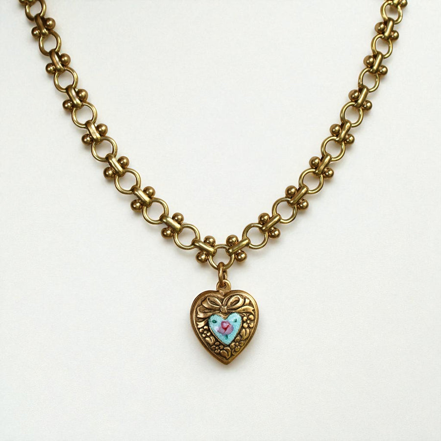 Vivian Grace Jewelry Necklace Gold Vintage Blue Guilloche Heart Necklace