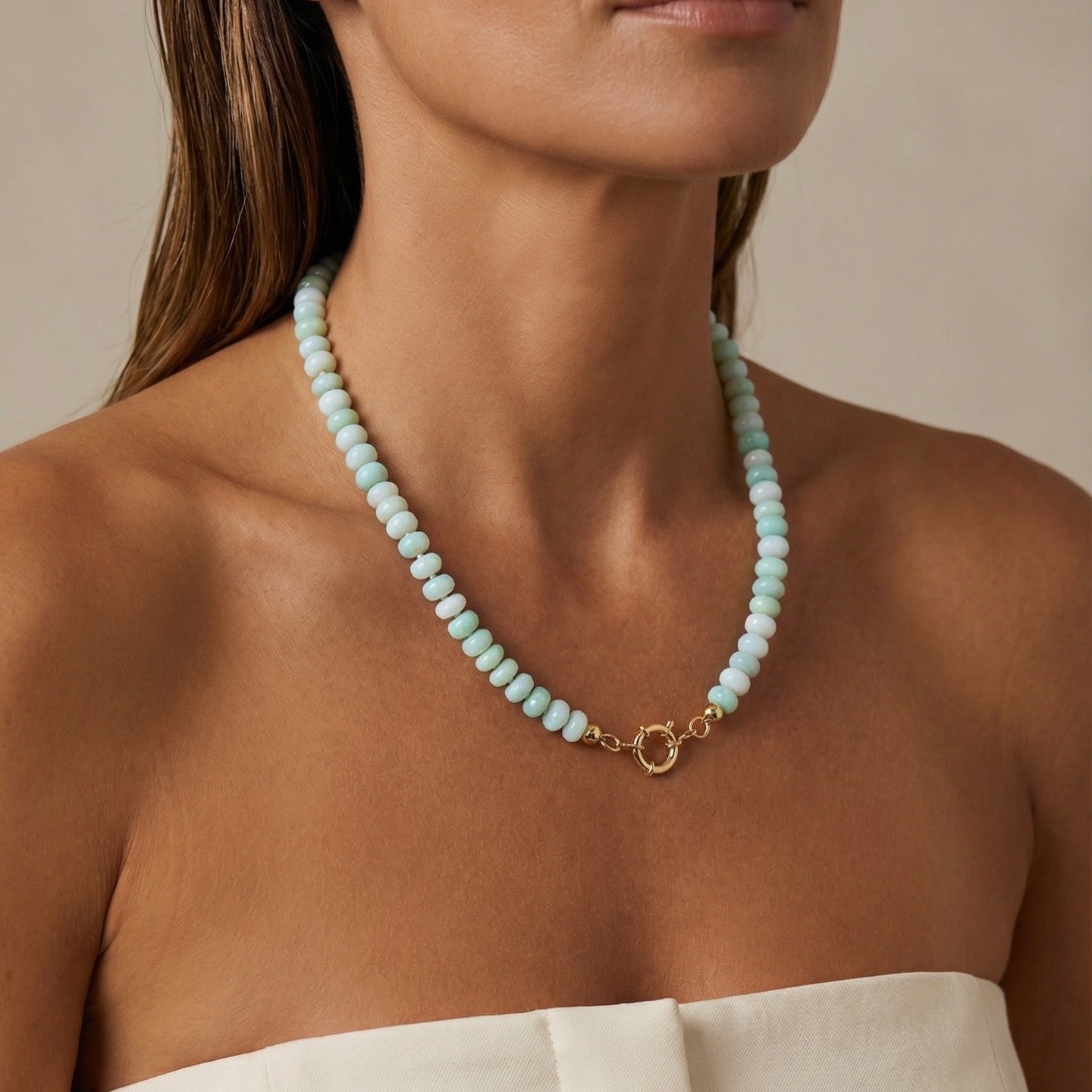 Vivian Grace Jewelry Necklace Hand Knotted Peruvian Opal Bead Necklace- 8mm Mint