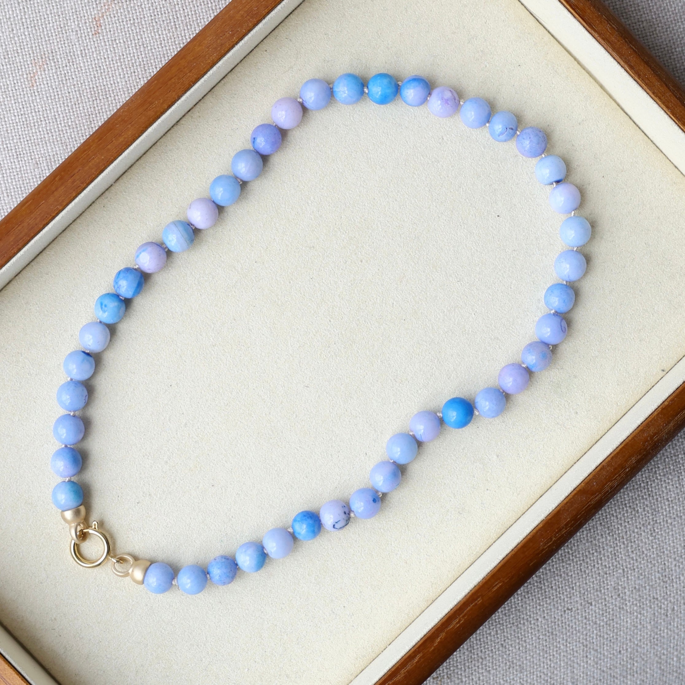 Vivian Grace Jewelry Necklace Round Hand Knotted Peruvian Opal Bead Necklace- 8mm Lavender Blue