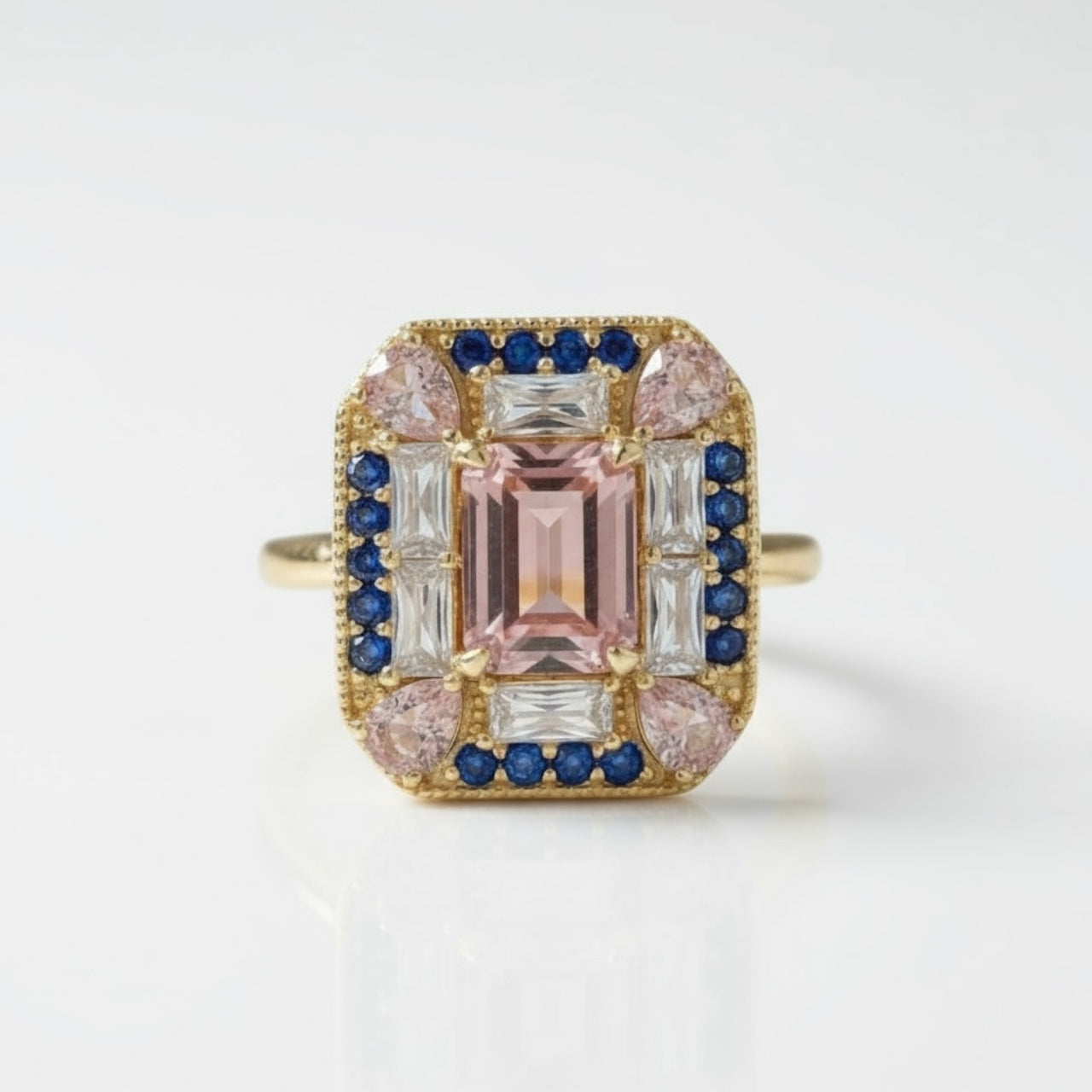 Vivian Grace Jewelry Ring 5 Lab Sapphire Morganite Art Deco Cocktail Ring as