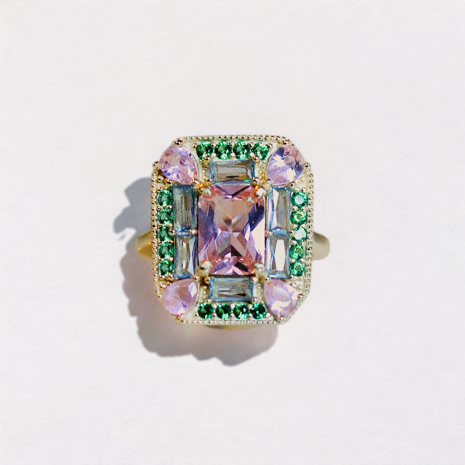 Emerald Morganite Art Deco Cocktail Ring -Lab Created Gemstones