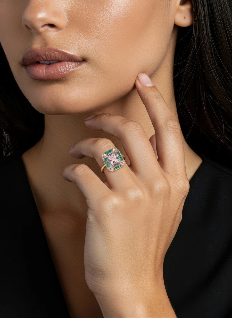 Vivian Grace Jewelry Ring Emerald Morganite Art Deco Cocktail Ring -Lab Created Gemstones